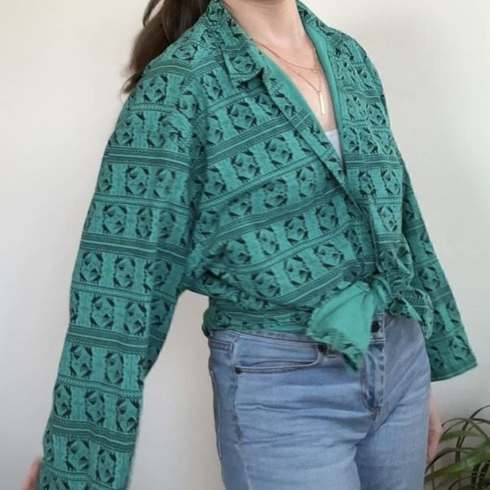 Retro Vintage Teal Patterned Oversized Button-up Shirt 80s